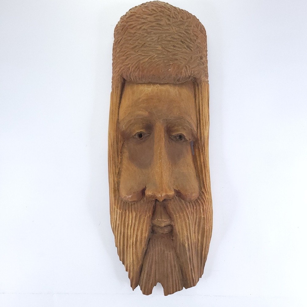 VTG Hand Carved Wood Spirit Wall Hanging Old Man Beard Face Tree Folk Art 17"
